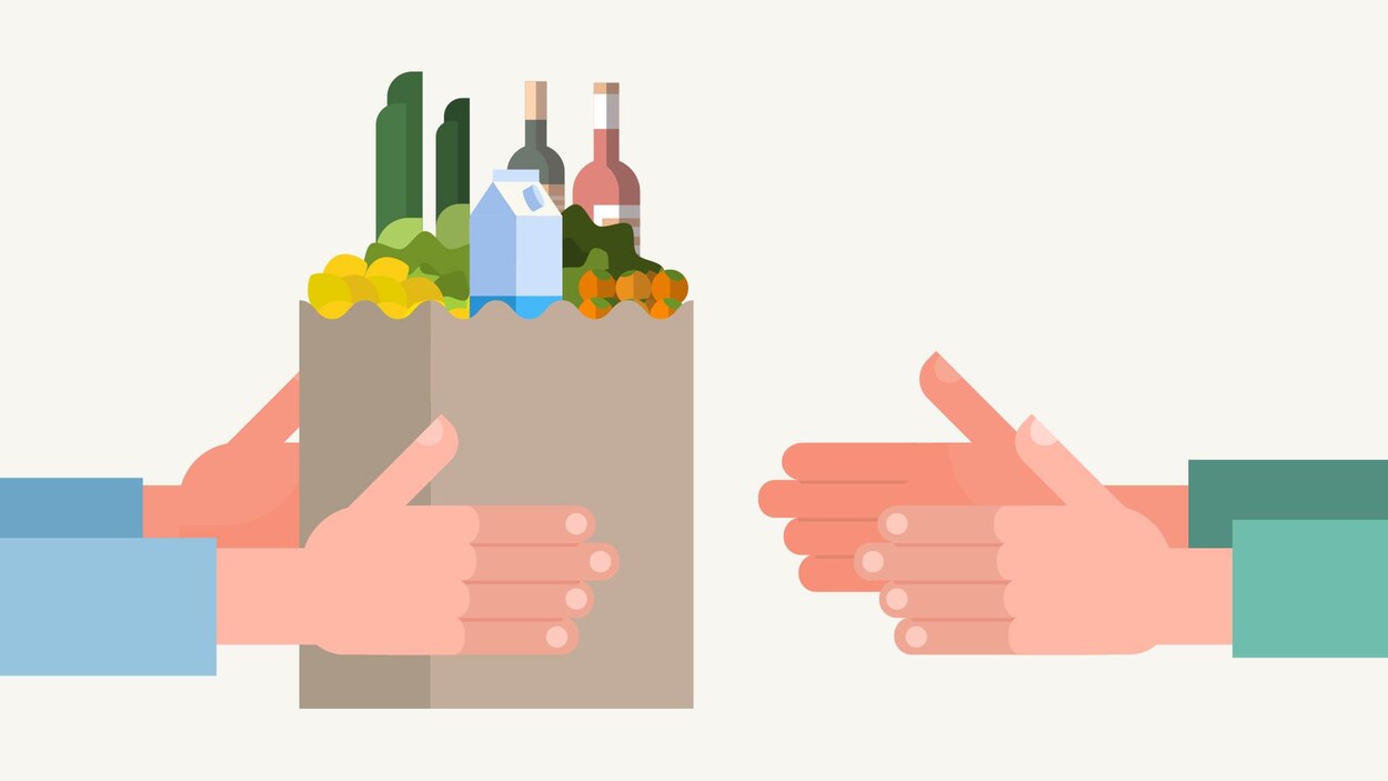 Illustration d'une personne qui tend un sac d'épicerie rempli à une autre personne.