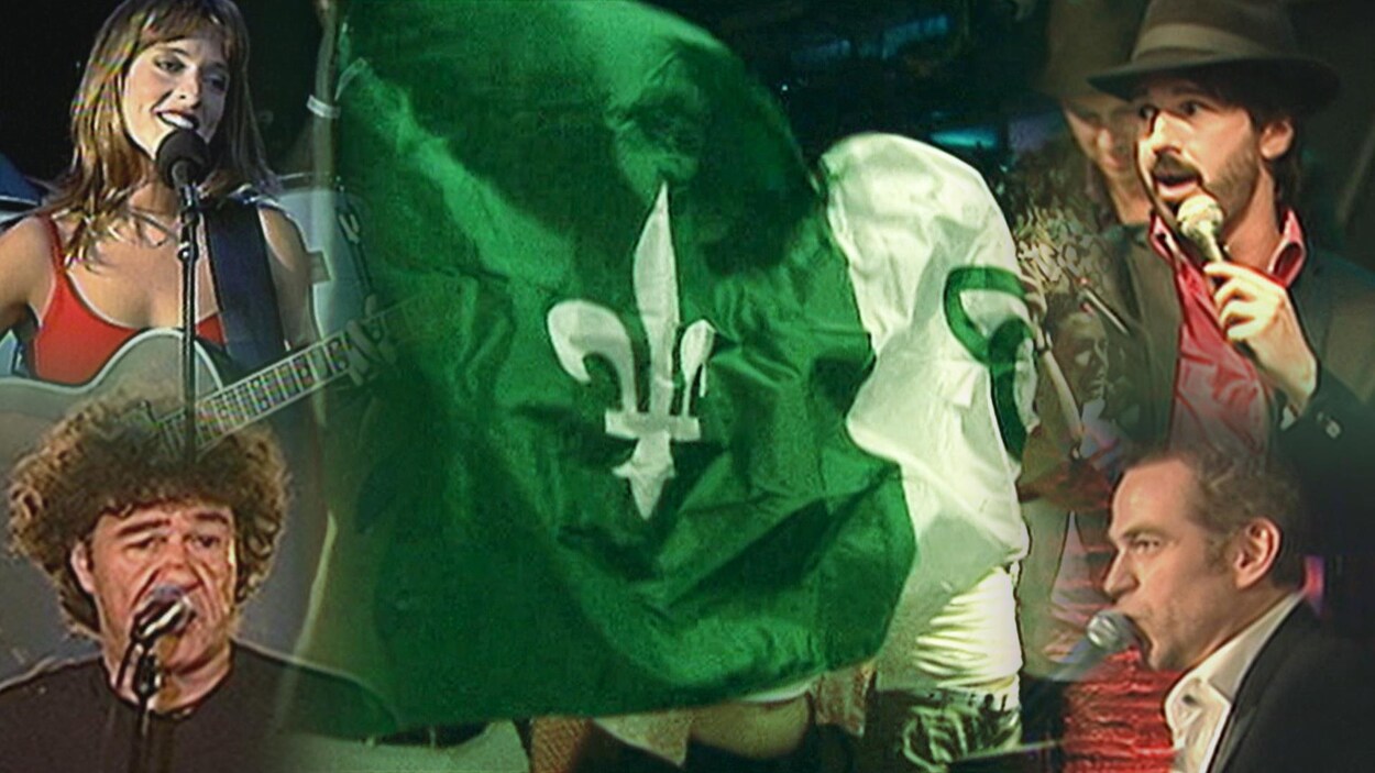 Un montage photo de Lynda Lemay, Robert Charlebois, Damien Robitaille et Garou autour d'un drapeau franco-ontarien.