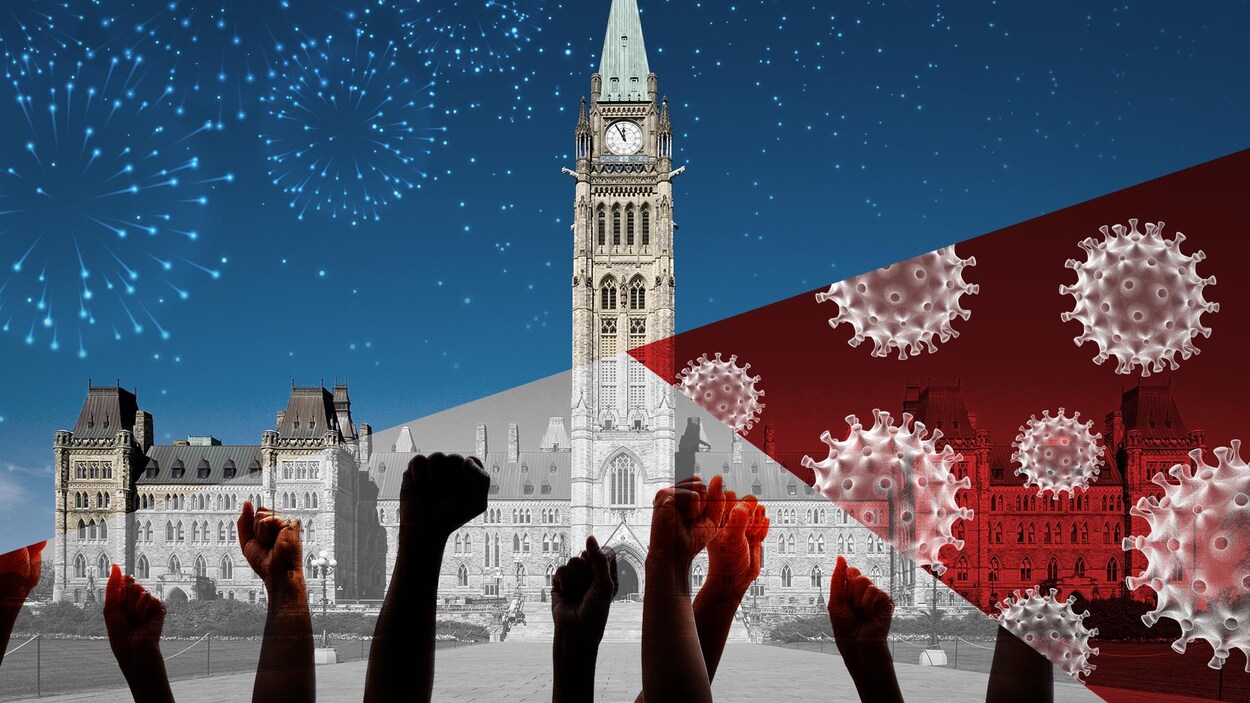 Des virus, des poings levés dans les airs et des feux d'artifice superposés sur une image du parlement d'Ottawa.