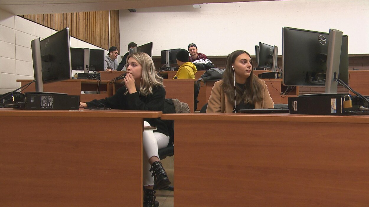 Des étudiants dans une salle en escaliers. Ils sont derrière des ordinateurs et travaillent.