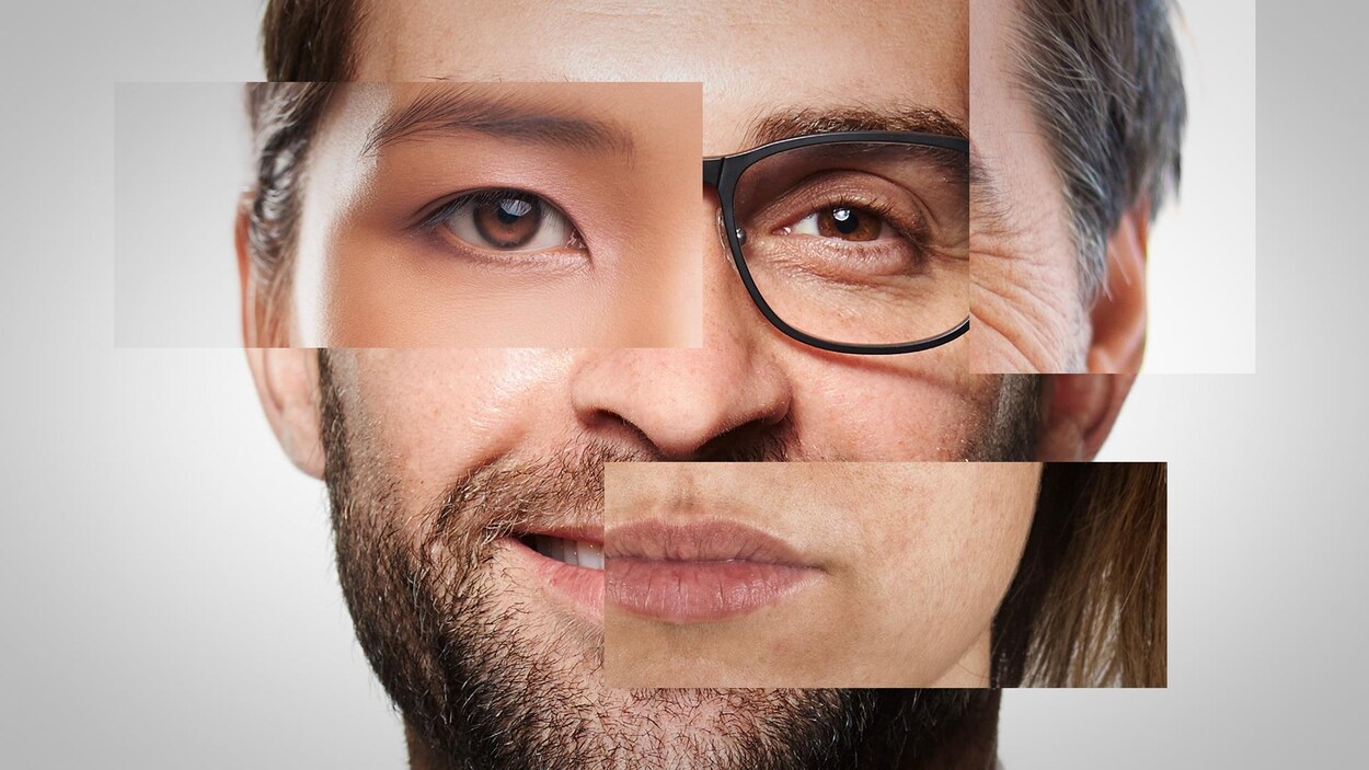 Un visage composé de plusieurs photos différentes pour illustrer différents attributs de genre et de diversité.