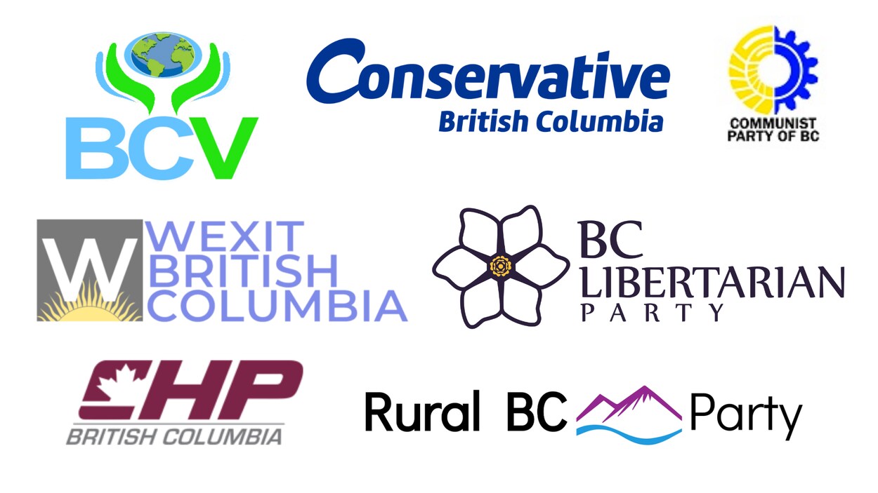 Les logos de 7 petits partis : Wexit BC, CHP BC, Conservative BC, Communist Party of BC, BCV, BC Libertarian Party et Rural BC Party.