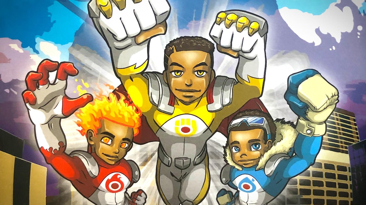 Une illustration de trois jeunes superhéros en train de voler.