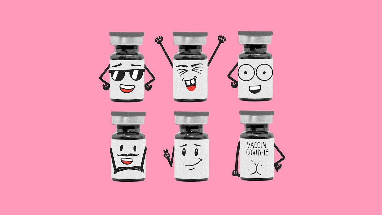 Illustration de plusieurs flacons du vaccin de la COVID-19 avec des visages réjouis.