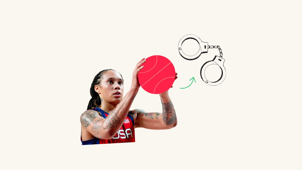 Un collage numérique de Brittney Griner qui tient une illustration d'un ballon de baskteball. Une flèche verte pointe d'elle vers des menottes.
