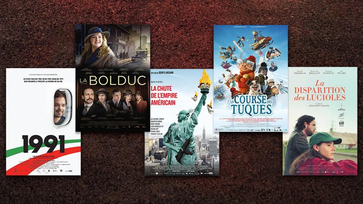 Affiches des films : 1991, La Bolduc, La chute de l'empire américain, La course des tuques et La disparition des lucioles.