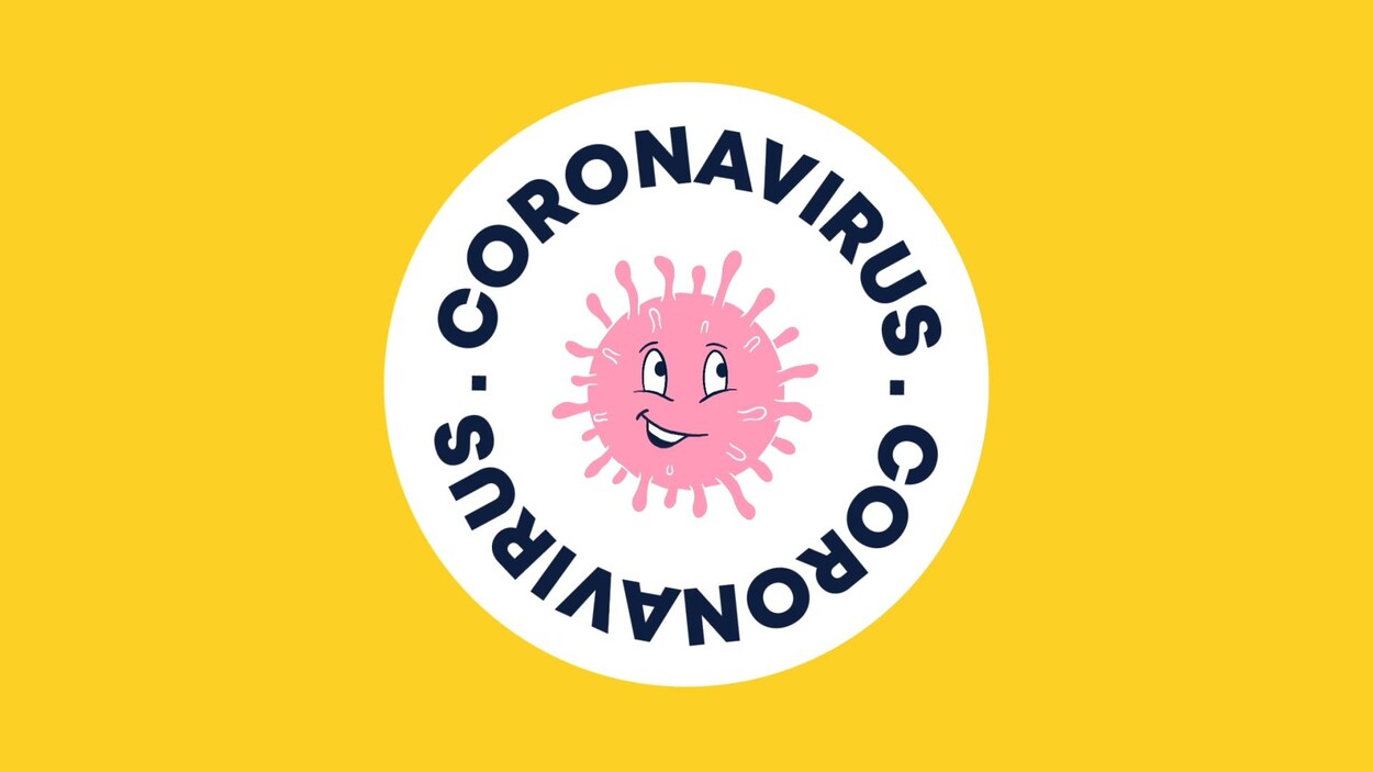 Le virus, illustré en style cartoon, a un sourire en coin.