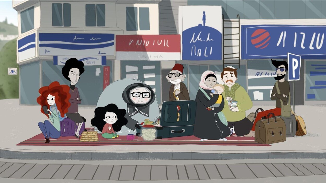 Le dessin de plusieurs personnages attendant sur un quai de gare.