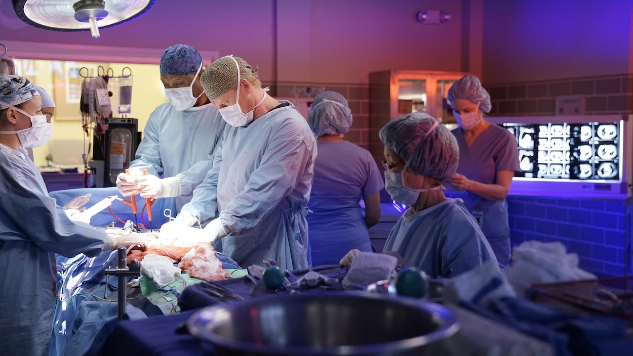 Plusieurs chirurgiens et chirurgiennes dans une salle d'opération s'affairent à une chirurgie sur un patient.