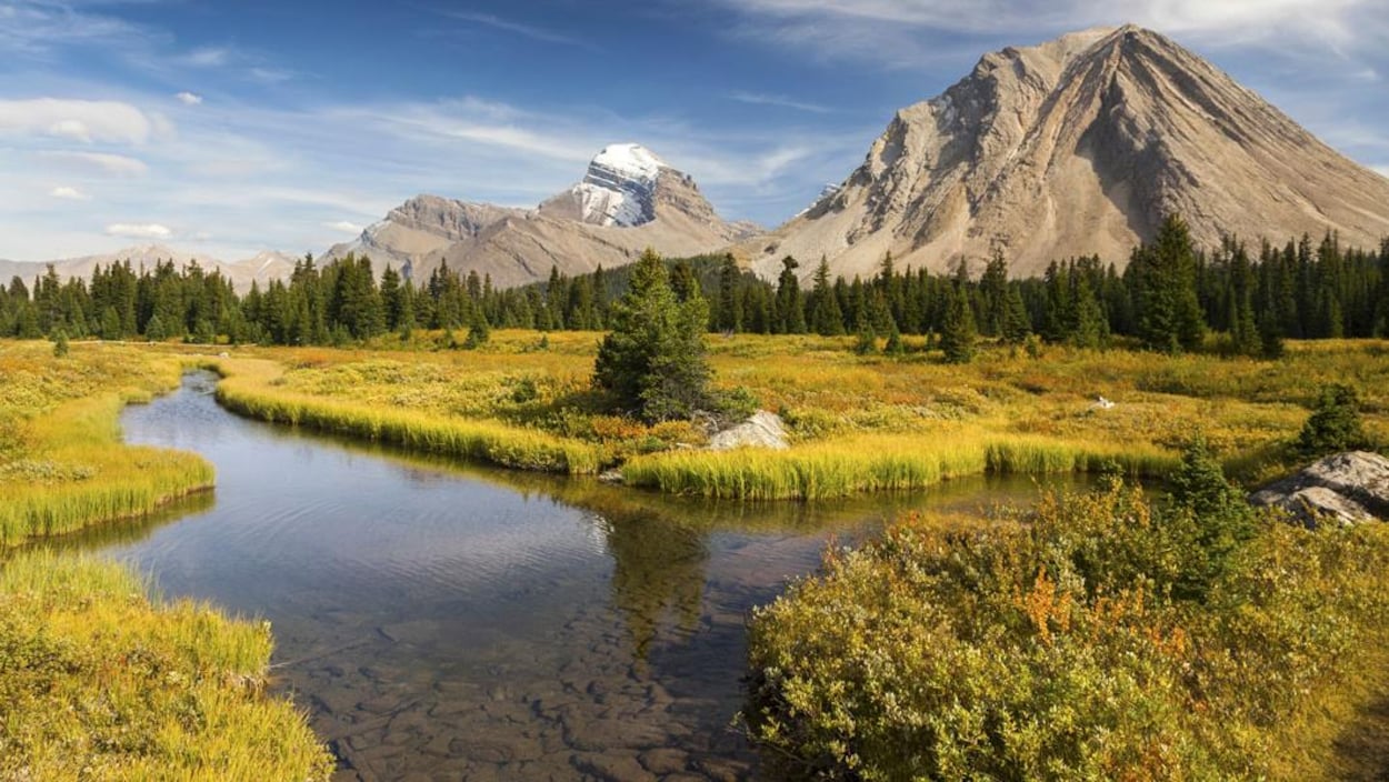 La photographie représente une rivière et une montage, qui ont été captées au parc national de Banff dans les Rocheuses canadiennes.