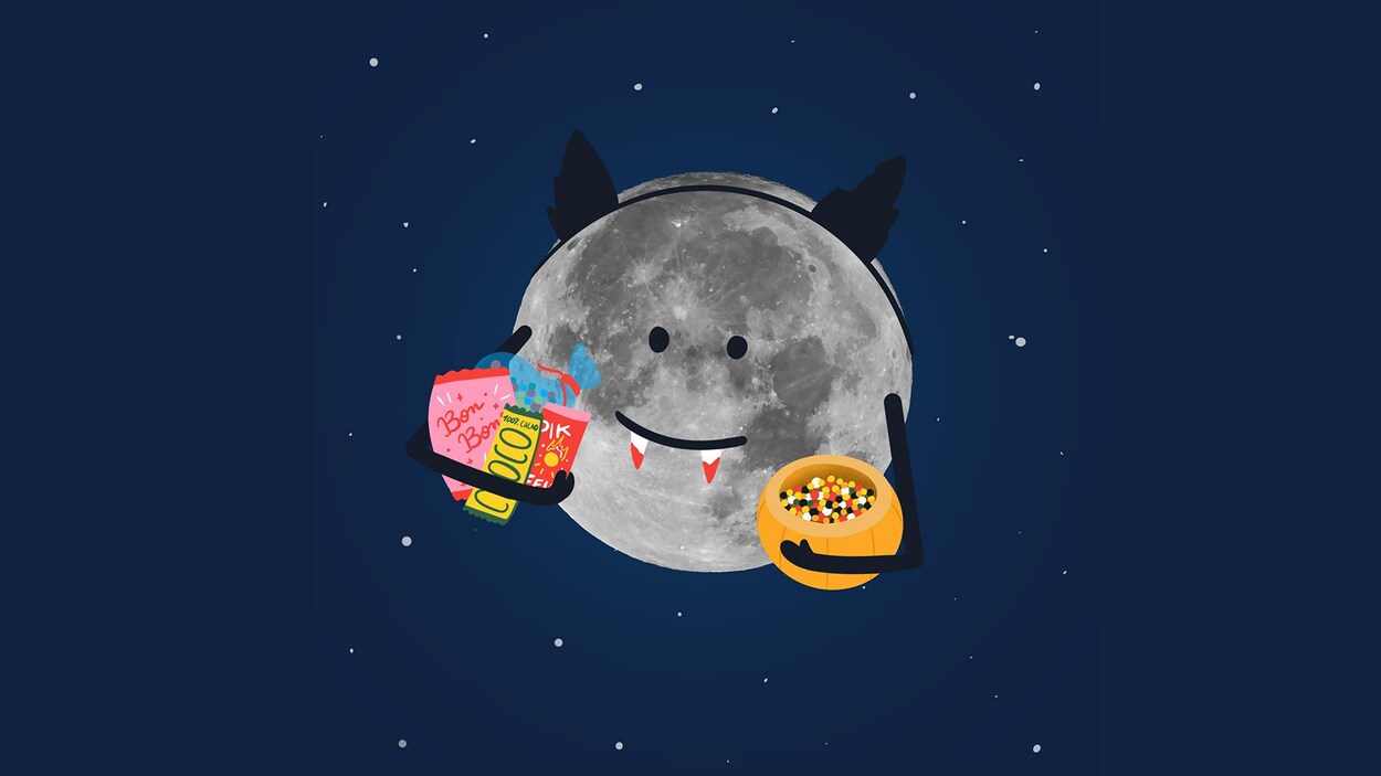 Illustration de la Lune déguisée en vampire pour Halloween. Elle tient aussi des bonbons dans ses bras.