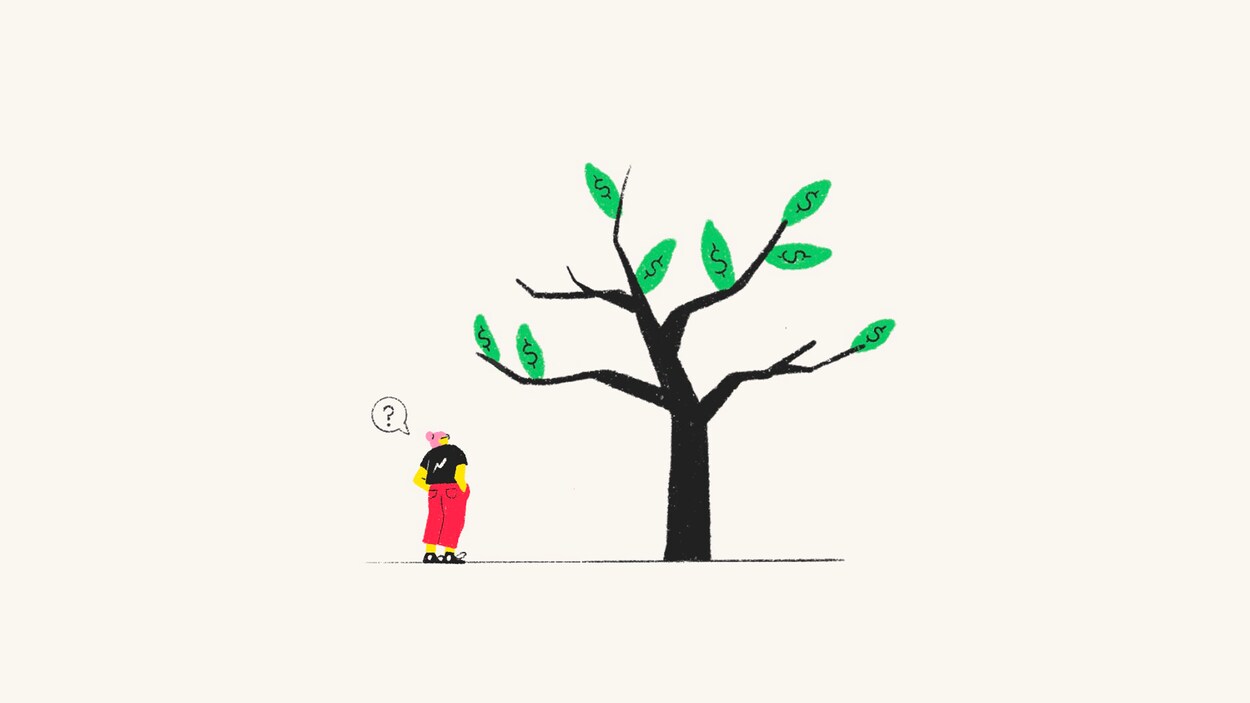 Illustration d'un arbre sur lequel poussent des feuilles étampées de signes de dollars ($). Une personne habillée avec des jeans et un chandail à manche courte regarde l'arbre. Une bulle de parole est au-dessus d'elle et à l'intérieur on peut lire un point d'interrogation. 