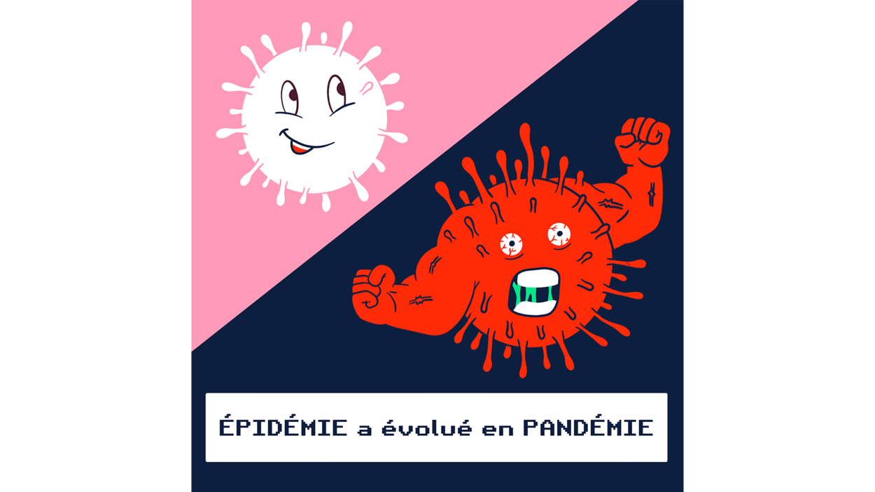 Épidémie a évolué en pandémie. Le virus est représenté à la manière d'un pokémon en pleine évolution.
