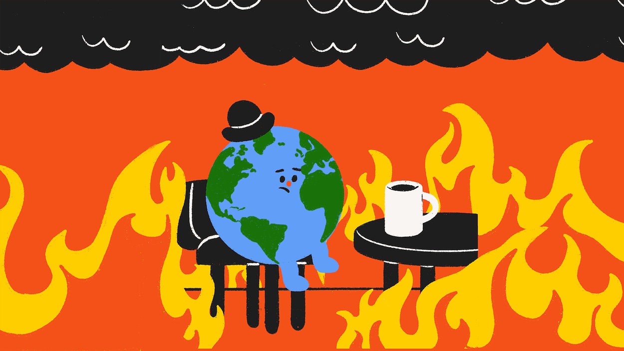 Illustration d'une planète anthropomorphique qui porte un chapeau. Elle est assise à une table avec un café. Tout autour d'elle, il y a des flammes. Pastiche du mème du chien qui dit "This is fine".