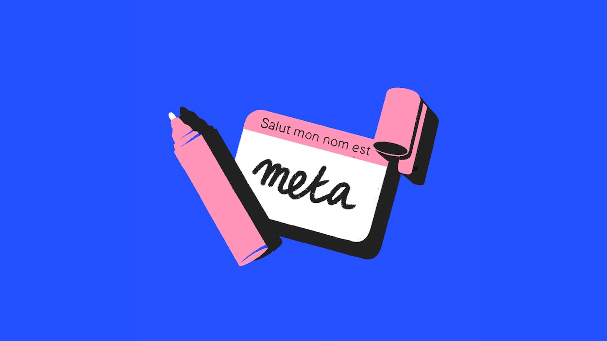 Un autocollant et un marqueur sont placés sur un fond. Sur l'autocollant, on peut lire "Salut, mon nom est Meta".