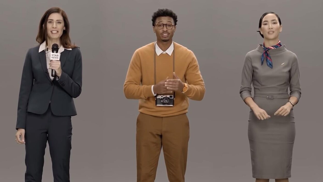 Trois personnes côte-à-côte. Elles ressemblent parfaitement à des êtres humains, mais sont en fait des avatars Neon de Samsung.