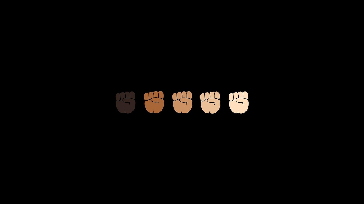 Un fond noir sur lequel se retrouvent des poings levés de toutes les couleurs de peau.