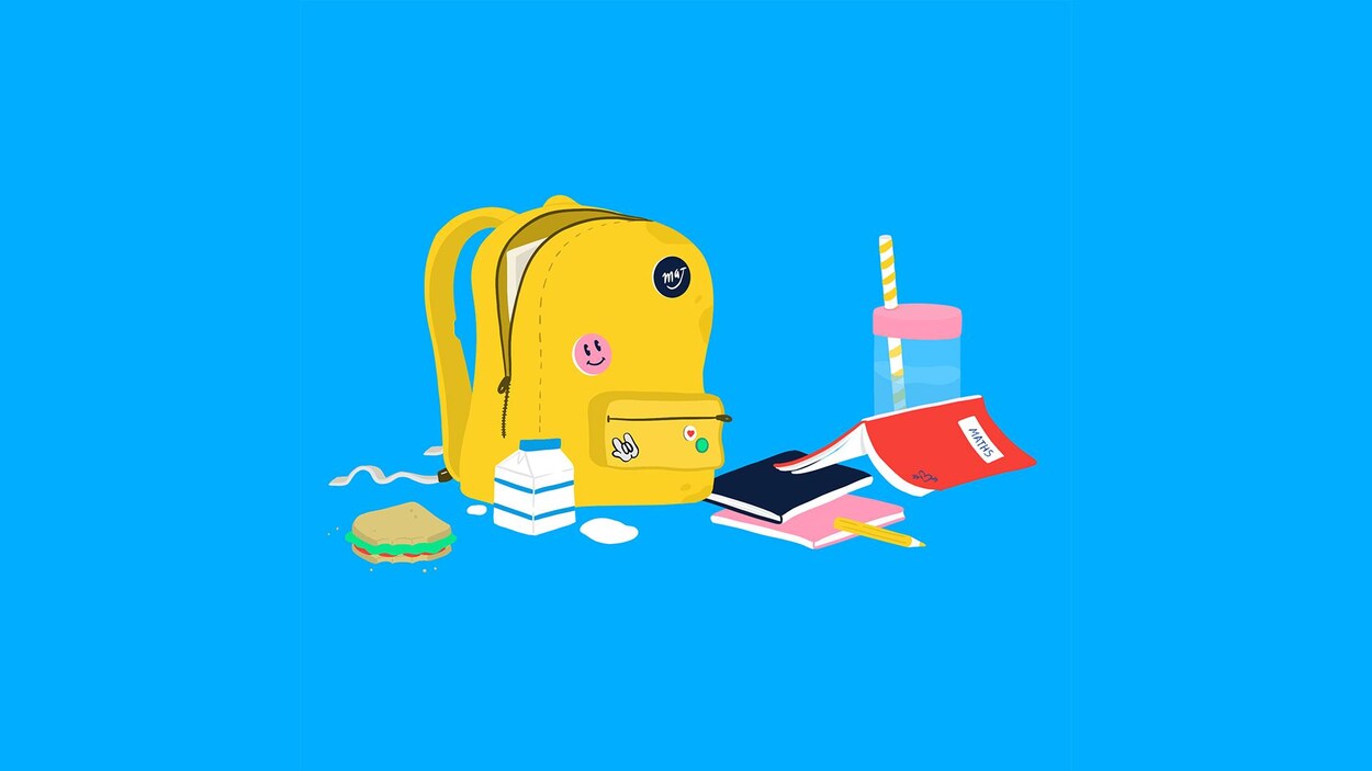 Dessin : un sac à dos, avec des cahiers scolaires, un sandwich et une brique de lait.