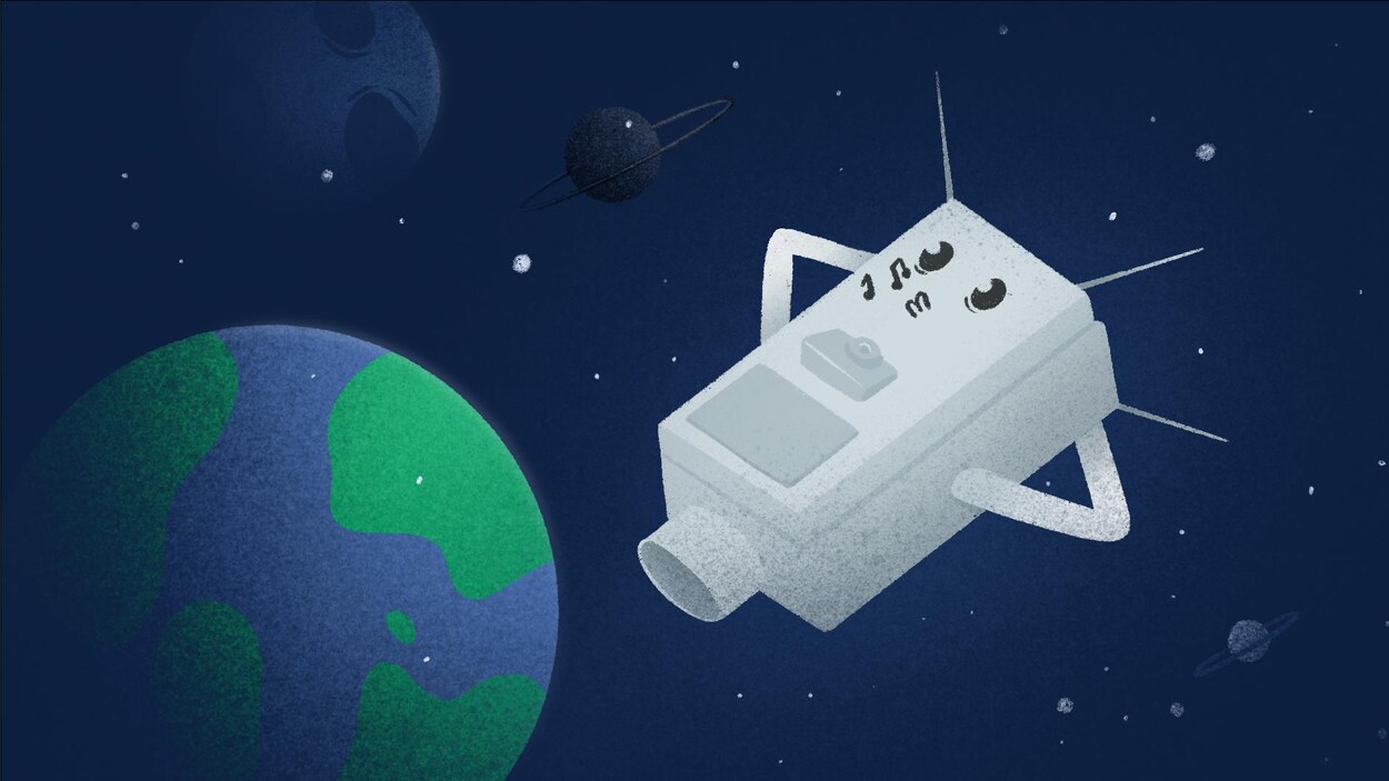 Illustration de Hugo le satellite qui se prélasse dans l'espace .