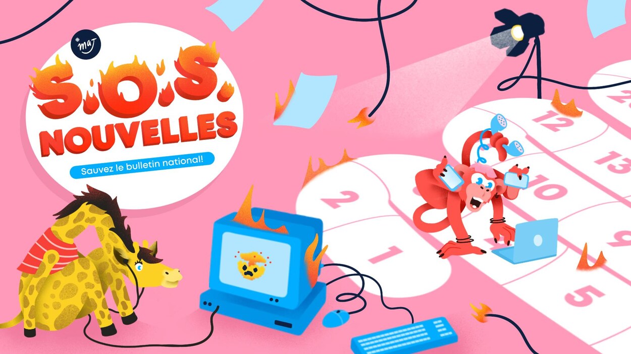Image principale du jeu « SOS Nouvelles ». Une girafe regarde une télé en feu et un singe est devant son ordinateur tout en tenant plusieurs téléphones entre ses pattes.