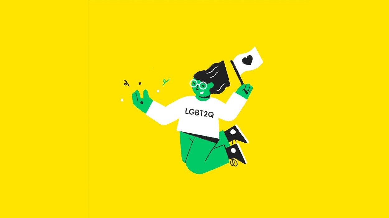 Une illustration d'un personnage qui saute de joie. Le personnage porte des lunettes et un chandail sur lequel est inscrit "LGBT2Q". Il a les cheveux longs et tient un drapeau sur lequel est dessiné un coeur. Il porte des souliers de type Converse. 