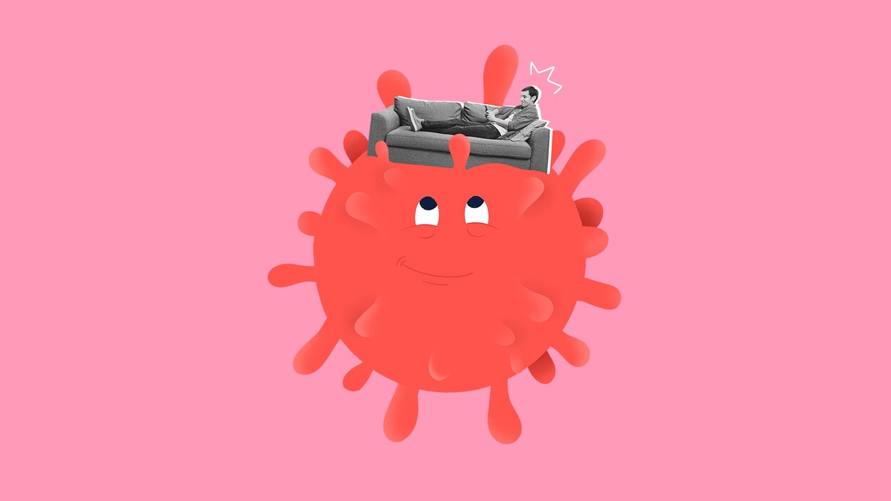 Illustration d'une personne dans un fauteuil, qui est lui-même ancré sur le haut d'un coronavirus.