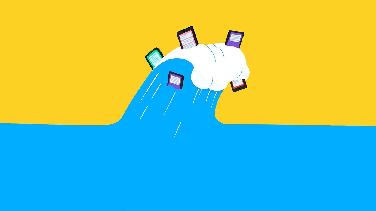 Dessin d'une vague qui emporte avec elle des téléphones cellulaires.