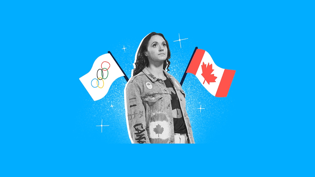 Montage photo d'une mannequin portant la veste qui fait controverse, entourée du drapeau du Canada et du drapeau des Jeux olympiques.