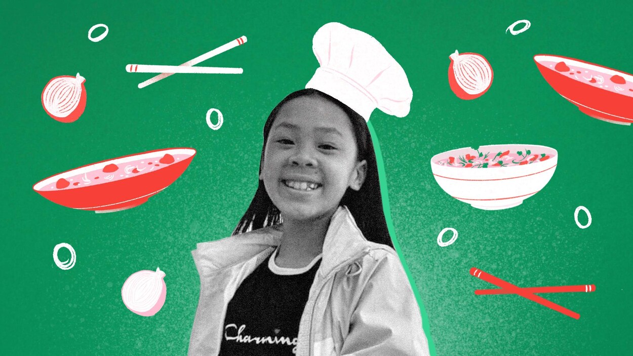 Montage visuel de Victoria Vu Duc avec un chapeau de chef.