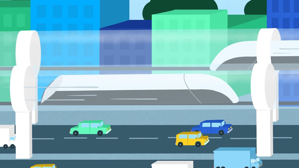 Illustration d'une capsule Hyperloop qui passe dans un centre-ville.