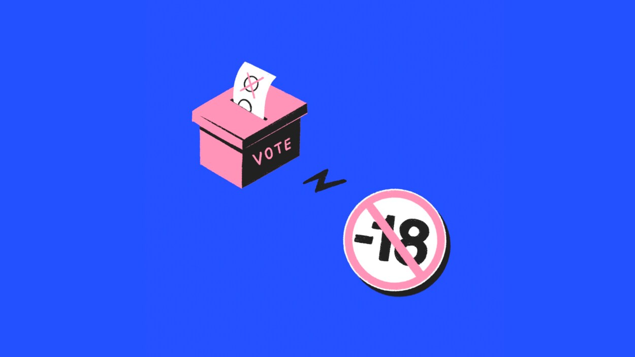 Deux dessins sont au centre de l'image. Un peu plus en haut se trouve le dessin d'une boîte de vote, avec un billet de vote dans la fente. Vers le bas, un autre dessin montre "-18" dans le symbole interdiction.