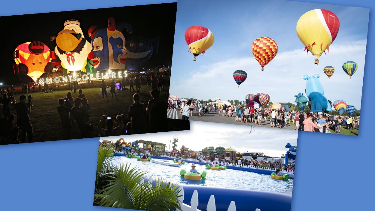 Des images de montgolfières, de bouées sur l'eau et de fête.