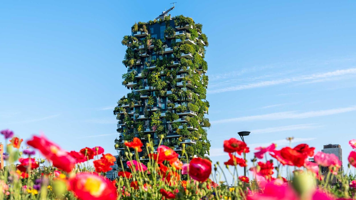 Une photo de Bosco Verticale, une grande tour couverte de plantes et d'arbres au milieu de Milan.
