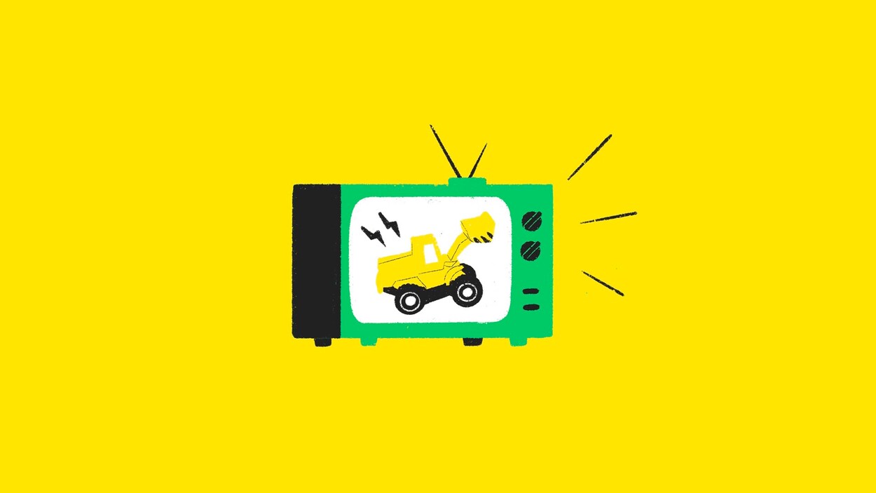 Une illustration d'une télévision avec un camion à chargeur frontal sur l'écran.