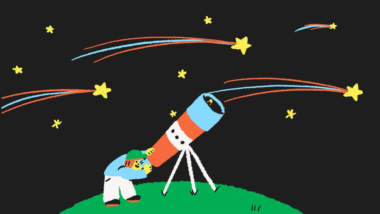 Une illustration d'une jeune personne qui observe des étoiles filantes à travers un télescope.