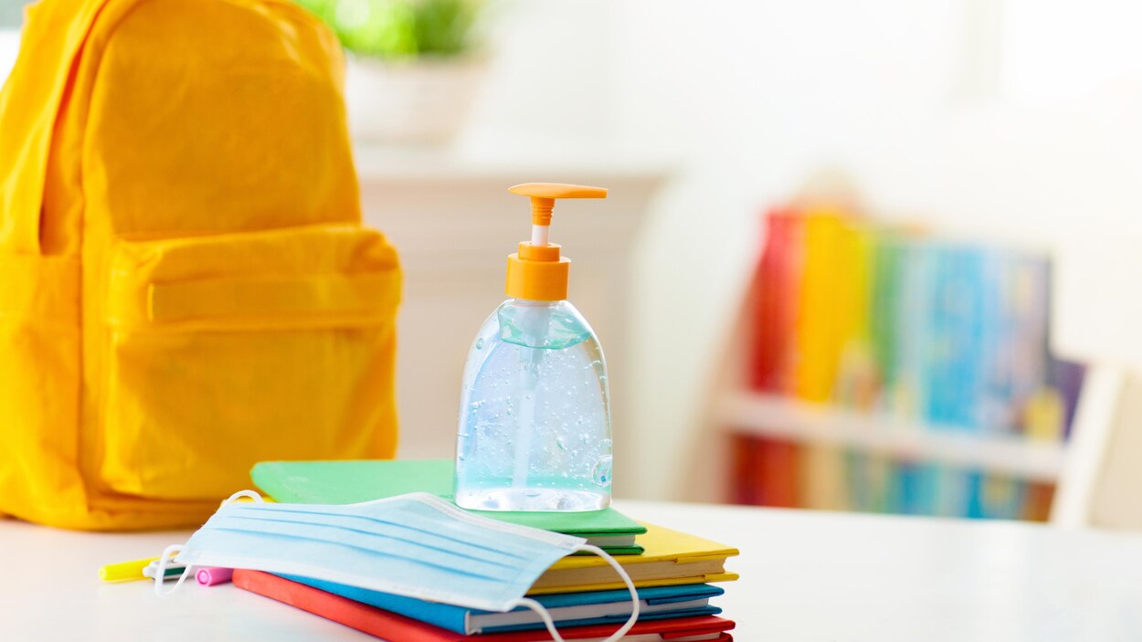 Backpack of school child with face mask and sanitizer. Student safety after coronavirus pandemic. Virus and disease prevention for kids. Back to school and kindergarten after covid-19 outbreak.