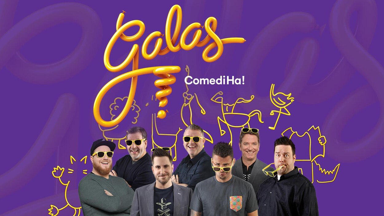 Les humoristes P-A Méthot, Philippe Bond, Patrice L’Ecuyer, Dominic Paquet, Phil Roy et le duo formé de Billy Tellier et Mario Jean posent avec des lunettes jaunes. Ils sourient tous à la caméra. Les humoristes P-A Méthot, Philippe Bond, Patrice L’Ecuyer, Dominic Paquet, Phil Roy et le duo formé de Billy Tellier et Mario Jean posent avec des lunettes jaunes. Ils sourient tous à la caméra.