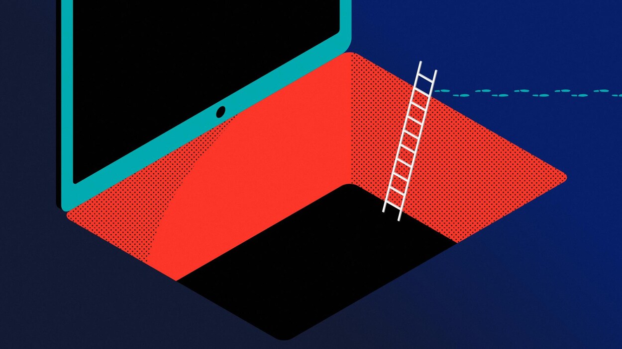 Illustration d'un ordinateur portable dont le clavier est maintenant un trou d'où émerge une échelle et des traces de pas quittent l'ordinateur.