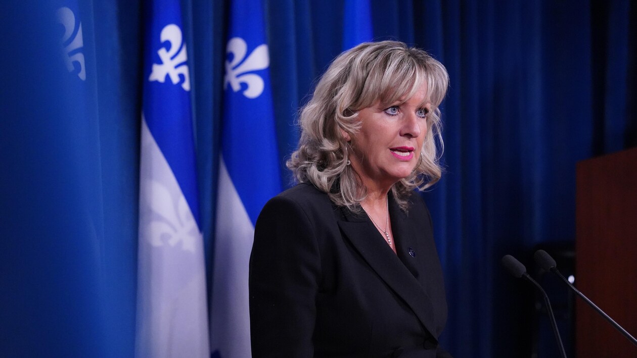 Une femme parle dans un micro lors d'une conférence de presse et derrière elle il y a des drapeaux du Québec. 