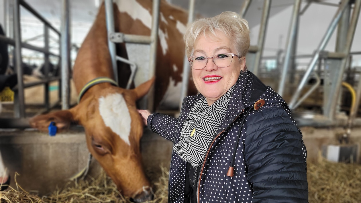 Diane Ouellet Gilbert caresse une vache.