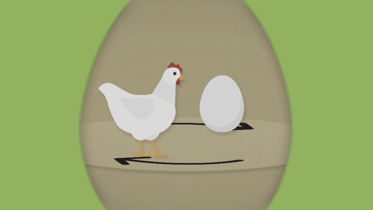 Image infographique d'une poule et d'un oeuf.