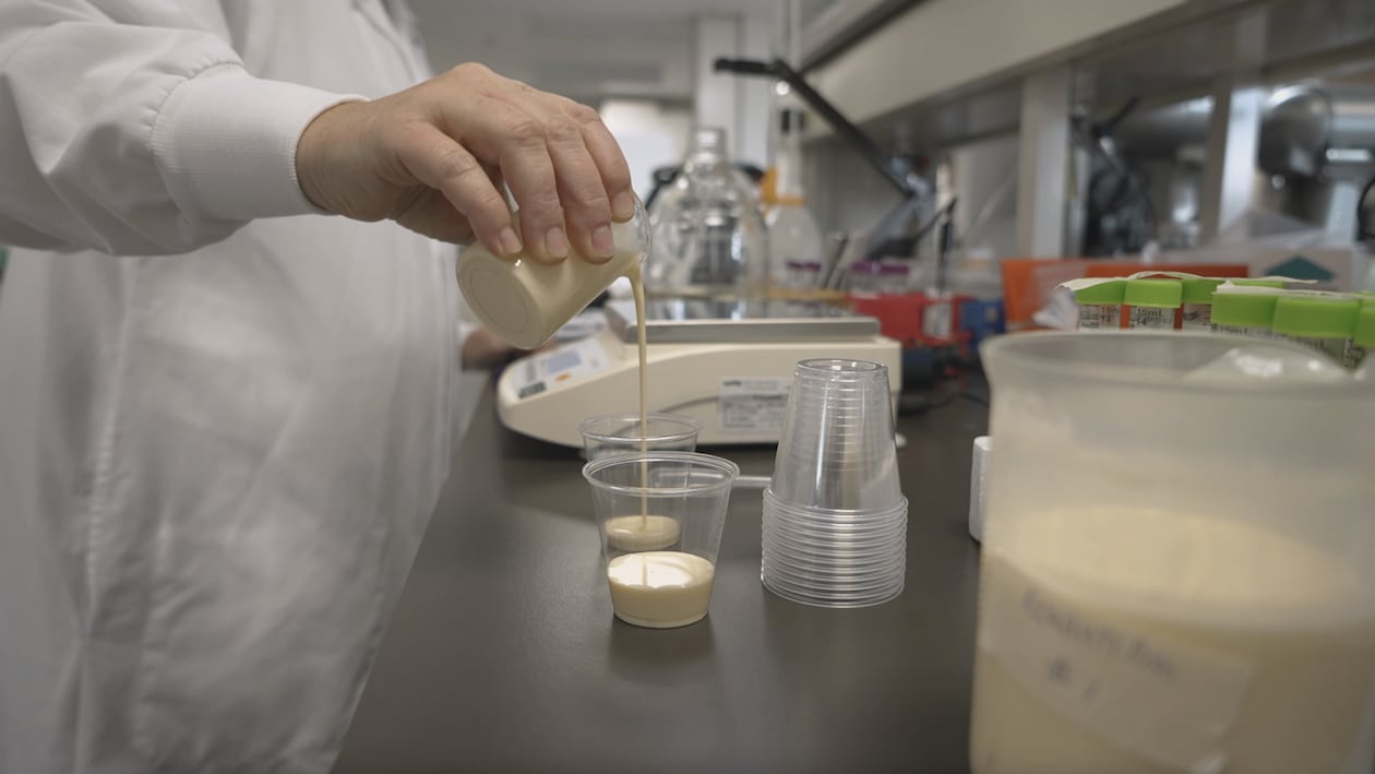 Une personne dans un laboratoire verse du lait dans un contenant.