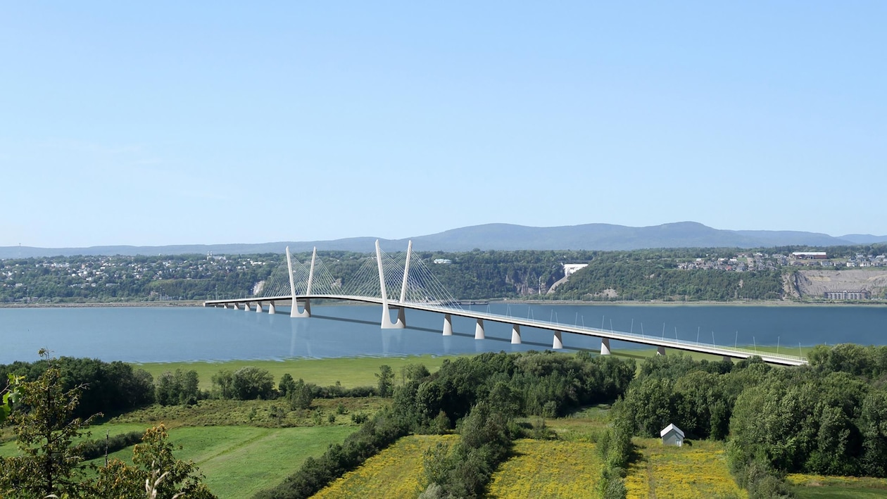 Un croquis du nouveau pont de l'île d'Orléans, à Québec, surplombe le Saint-Laurent. 