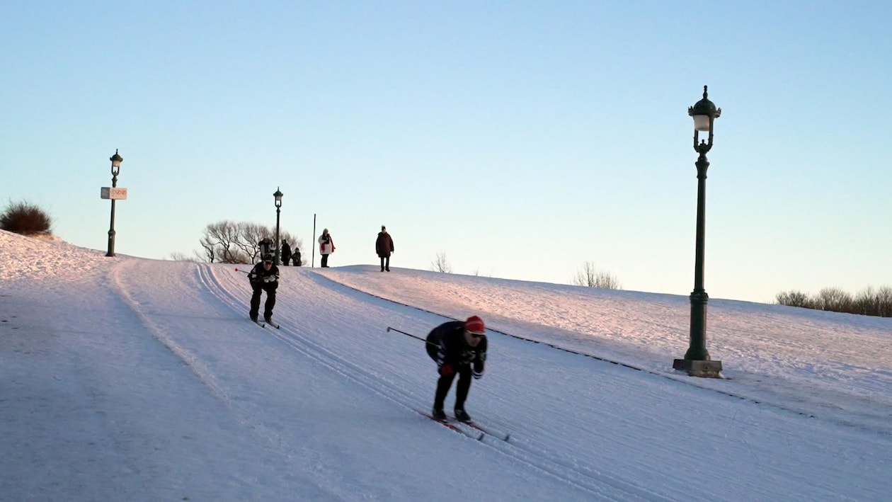 Des personnes descendent une pente enneigée à l'aide de skis.