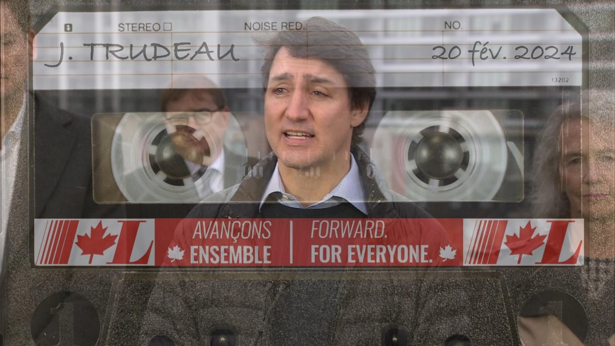 Justin Trudeau dans un montage photo devant une cassette.
