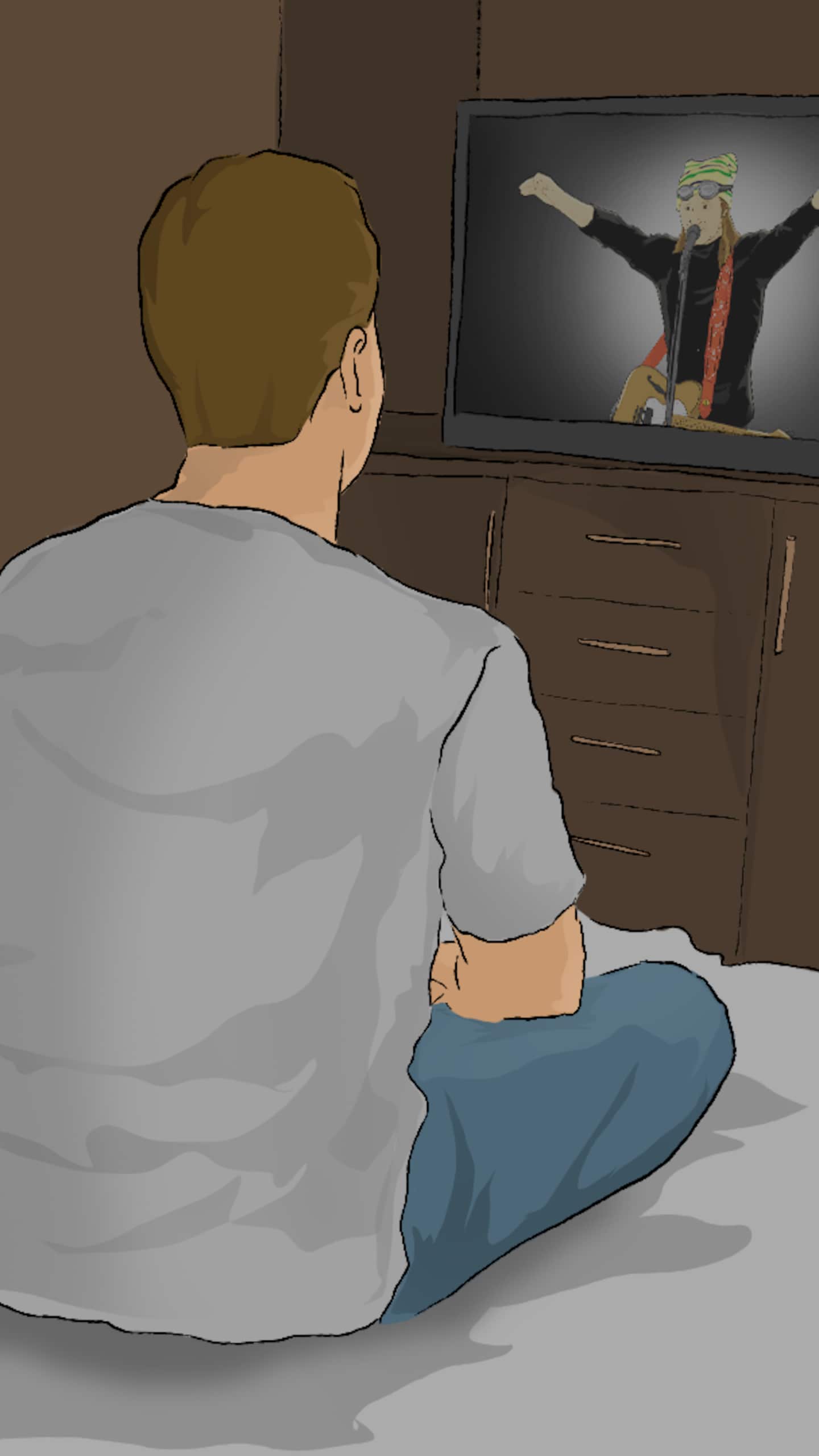 Un homme assis sur lad lit écoute la télé.