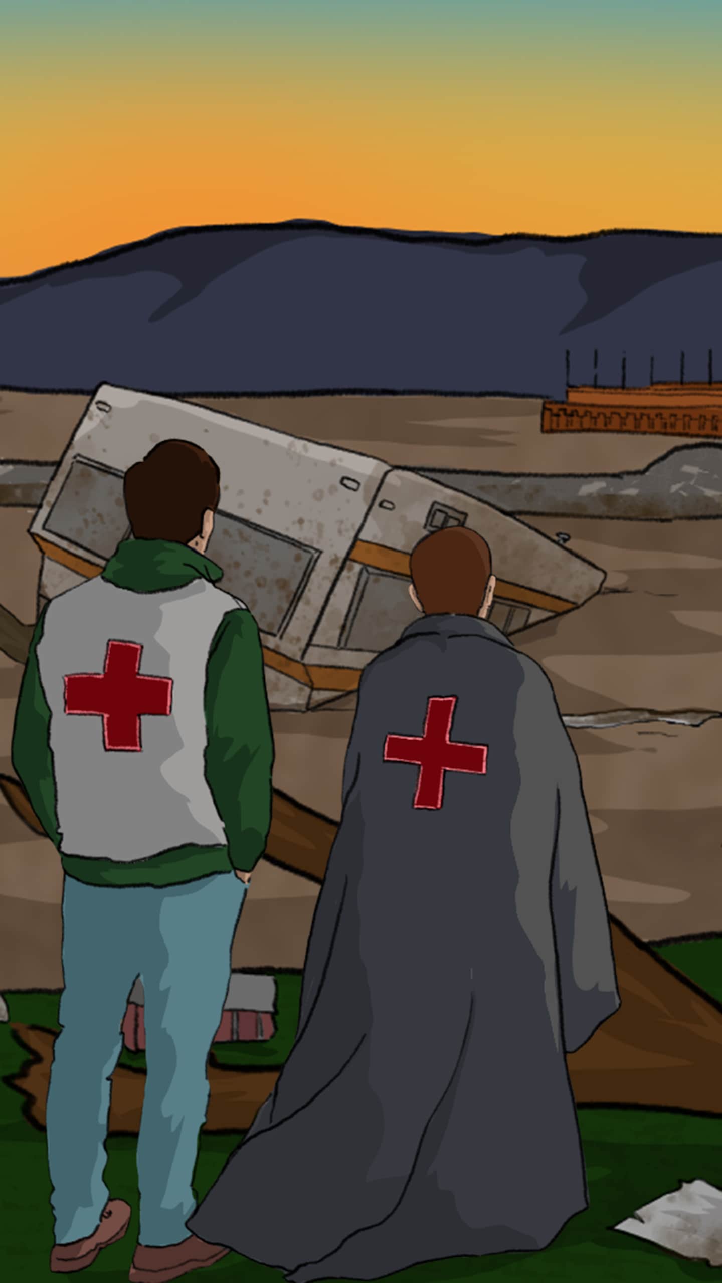 Un dessin d'un bénévole et d'un sinistré.