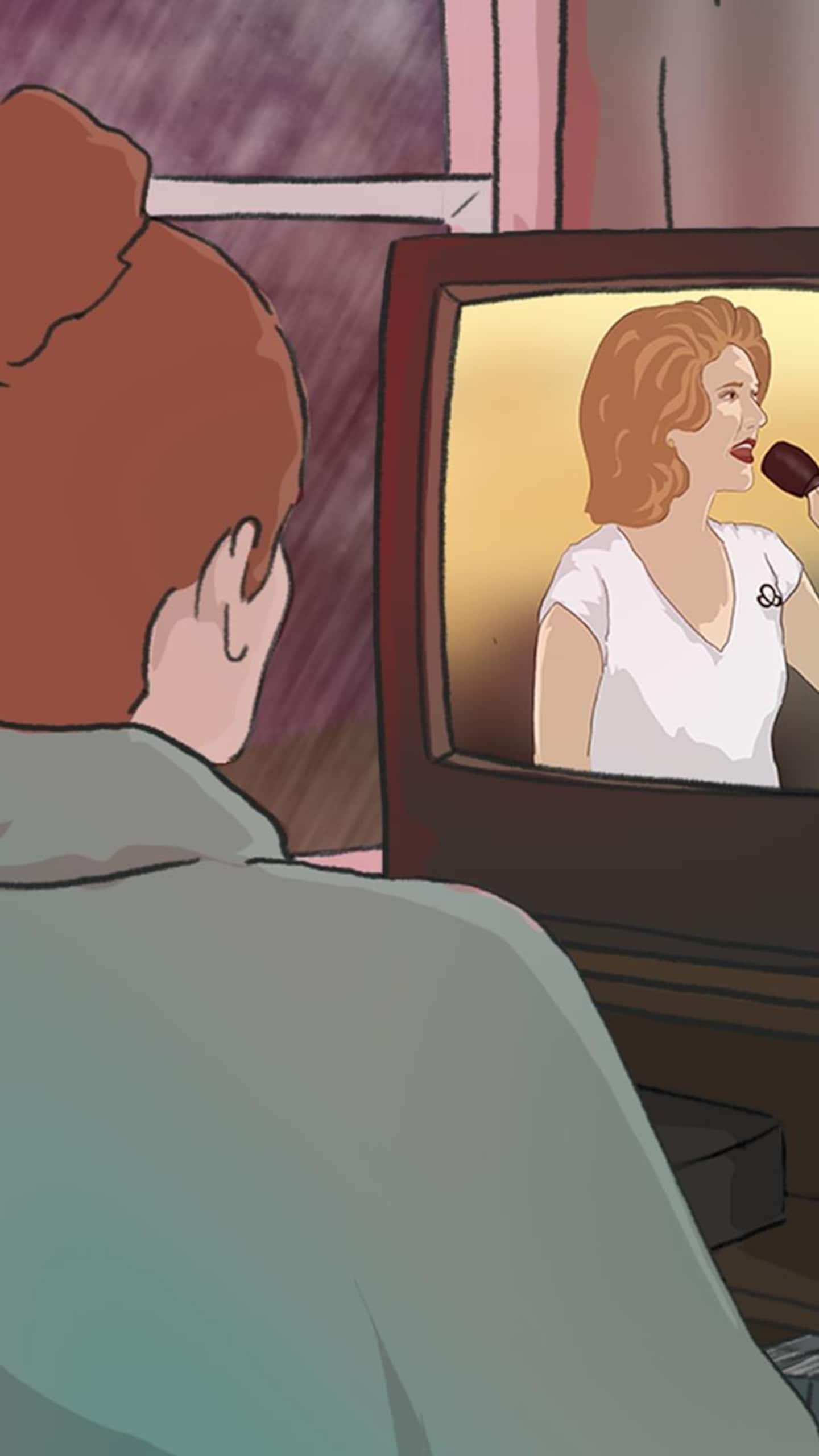 Un dessin de Céline Dion qui chante à la télévision.