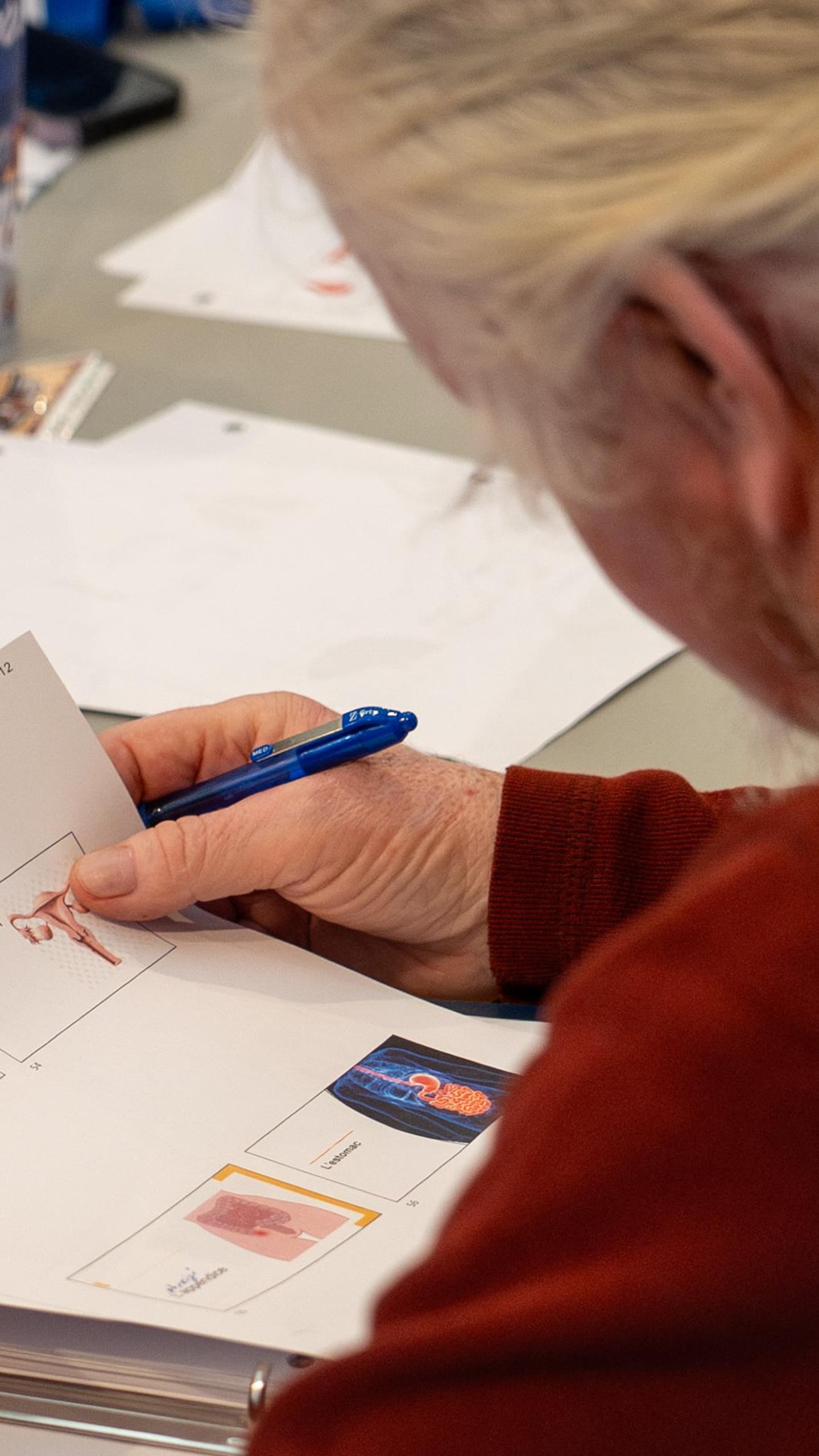 Une personne aînée tient une feuille dans ses mains où des images de l'anatomie humaine, comme le système reproducteur et les intestins, sont associés à des mots en langue anicinabe.