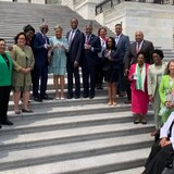 Grupo de personas en las escaleras del Congreso estadounidense.